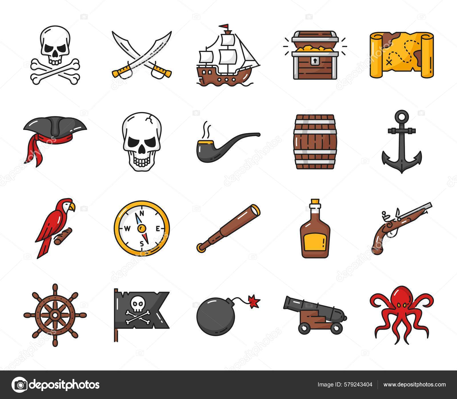 Caribbean Pirates Outline Icons Vector Ship Cannon Captain Chest