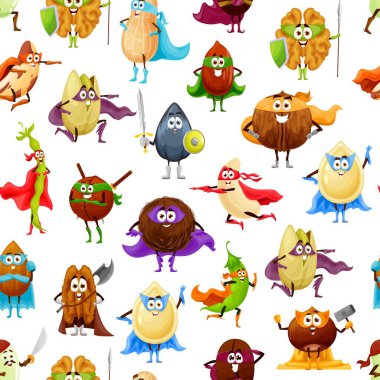 Çizgi film kaçıkları ve fasulye süper kahraman karakterleri kusursuz desen. Ceviz, ayçiçeği veya balkabağı tohumlu vektör arkaplan, macadamia, kaju, fıstık, kahve ve Brezilya tahılları, fındık, yeşil bezelye