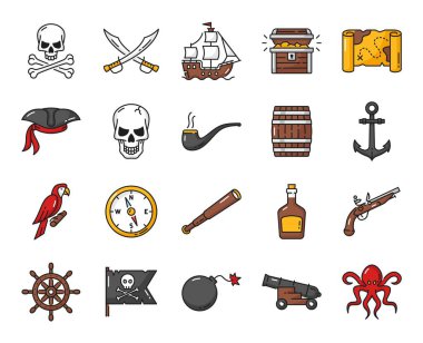 Karayip korsanları simgeleri özetliyor. Vektör gemisi, top, kaptan ve göğüs, pusula, çapa, kafatası ve hazine haritası simgeler, çapraz kılıçlar, şapka ve papağan, siyah bayrak, tekne miğferi, rom izole semboller
