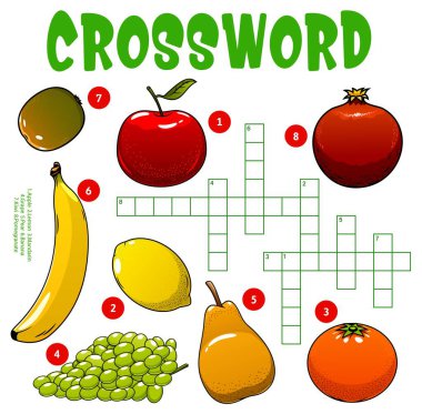 Ham meyve bulmacası çalışma kağıdını kelime, vektör quiz oyun ızgarası bulmak için toplayın. Elma, muz ve limon kelimelerini mandalina, nar ve kivi ile tahmin etmek için çocukların eğitim bulmacası.