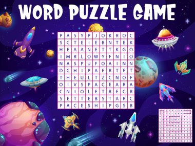 UFO uzay aracı, galaksi uzayında uzay mekikleri, kelime bulmacası, vektör oyunu çalışma tablosu. Çocuklar kelime oyunu ya da bilmece ızgarası, fantastik galaksi roketleri, gezegenler ve uzaylı UFO 'ları araştırıp bulmak için.
