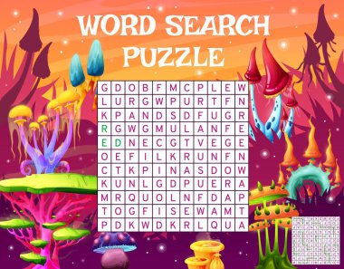 Uzaylı gezegeninde sihirli peri masalı mantarları. Kelime araması yapboz çalışma tablosu. Sözcük dağarcığı bulmacası, ya da sınav vektör sayfası, çocuklar görev bulma ve canlı yabancı mantarlar ile oyun oynuyorlar.