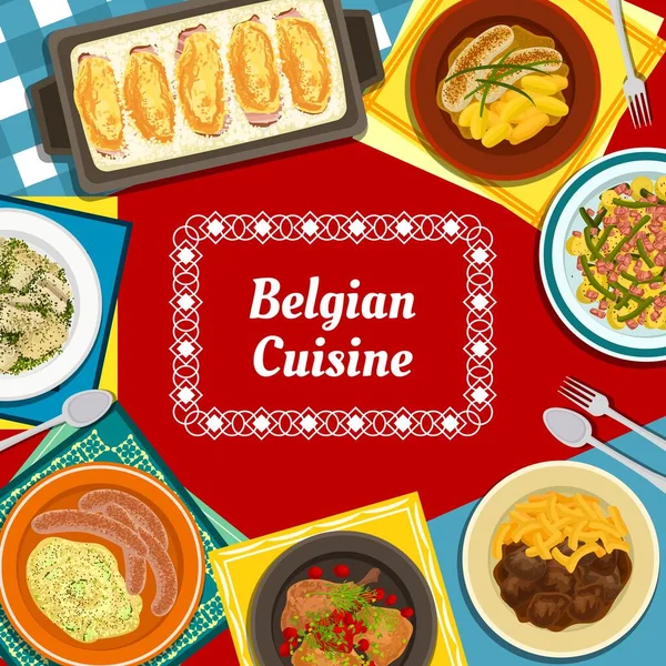 Βελγική Κουζίνα Μενού Καλύψει Κοτόπουλο Κοκκινιστό Κεράσι Λουκάνικα Πατατοσαλάτα Και — Διανυσματικό Αρχείο