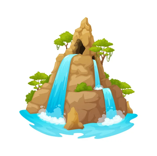 River waterfall falls from cliff, jungle island, picturesque tourist attraction. Vector cartoon landscapes exotic trees and rocks, streaming waterfall