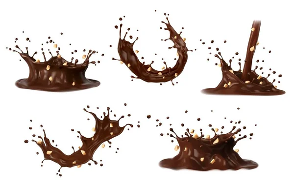 巧克力可可豆 咖啡牛奶旋涡飞溅与压碎的花生 现实的病媒巧克力饮料倒水或奶昔可可饮料溢出 咖啡牛奶冠溅满坚果 波纹飞溅 — 图库矢量图片