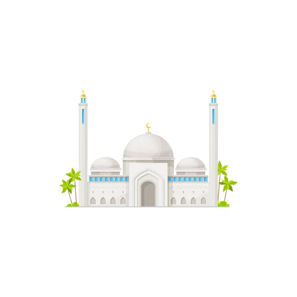 White arabian mosque building icon. Islamic religion ancient temple facade, muslim culture architecture attraction or isolated vector mosque with marble walls and golden crescents on minaret towers