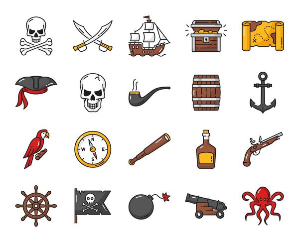 Карибские пираты очерчивают иконки. Векторный корабль, пушка, капитан и сундук, компас, якорь, череп и карта сокровищ иконки, скрещенные мечи, шляпа и попугай, черный флаг, шлем лодки, ром изолированные символы