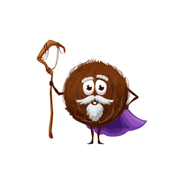 Cartoon Coconut Magician Funny Coco Wizard Sorcerer Vector Character Magician — Stock Vector