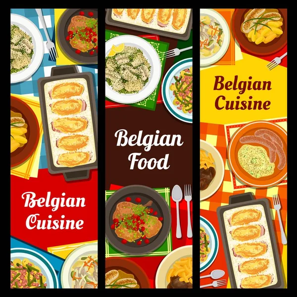 Βελγικά Πανό Κουζίνας Ζυμαρικά Γένει Λουκάνικα Κεράσι Μπύρα Κοκκινιστό Κοτόπουλο — Διανυσματικό Αρχείο