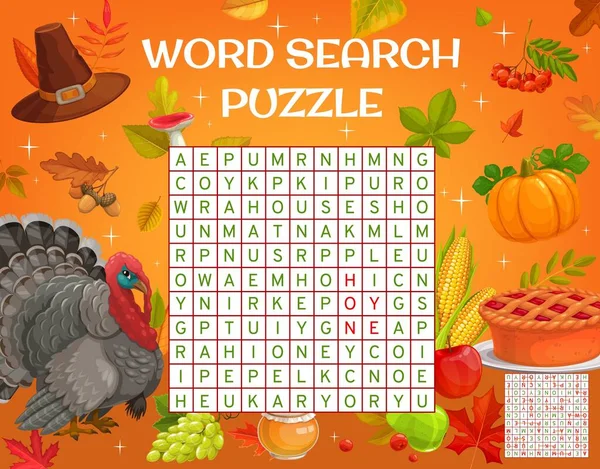 Thanksgiving Vacances Mot Recherche Puzzle Feuille Calcul Grille Quiz Enfants — Image vectorielle
