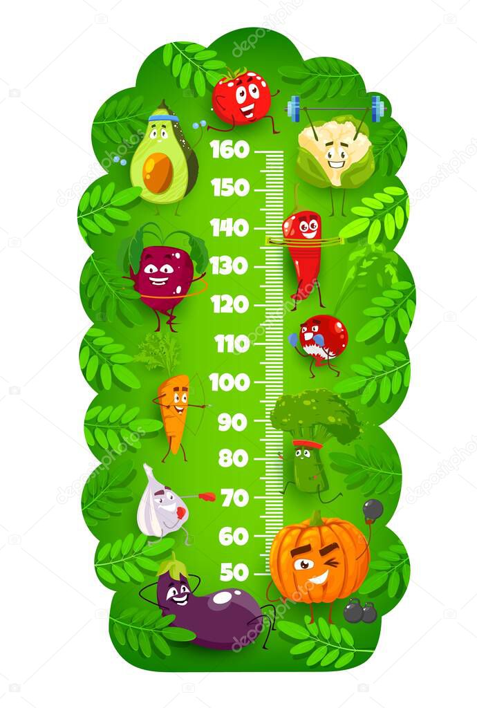 Kids height chart with fitness cartoon vegetables growth meter ruler . Vector funny tomato, carrot, garlic and radish, avocado and broccoli, eggplant and cauliflower veggies doing sport exercises