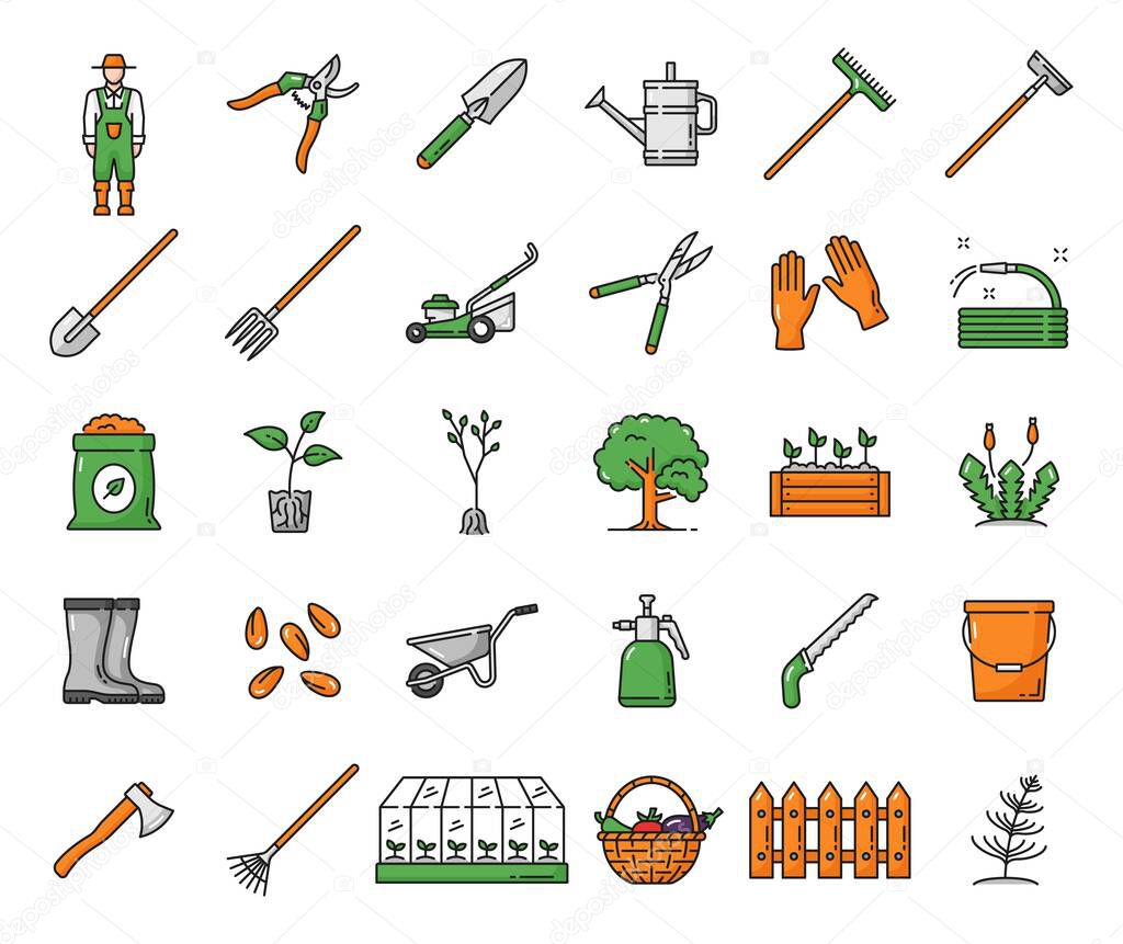 Agriculture farming and gardening icons of farmer tools, vector farm equipment. Garden shovel and rake with watering can and wheelbarrow, gardening secateurs, spade and lawn mower with pruner