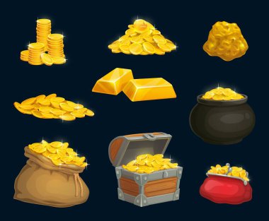 Çizgi film altın sikkeleri, külçe, sandık ve cüzdan, çanta ve altın oyun varlıkları. Korsan hazinesi, parlak altın parçaları, vektör izole edilmiş fantezi oyunu mobil uygulama elementleri. Nakit para primi