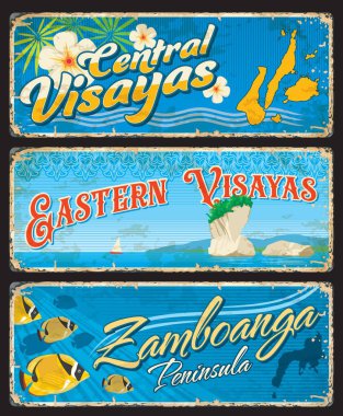 Orta ve Doğu Visayas ve Zamboanga, Filipinler vilayetleri, vektör seyahat plakaları ve çıkartmaları. Filipinler bölgeleri ve vilayetleri teneke tabelalar veya turizm amblemli bagaj etiketlerini memnuniyetle karşılıyor