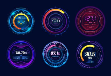 Neon ışık paneli ve göstergeleri olan araba hız göstergesi göstergeleri, takometrede vektör göstergeleri. Yükleme çubukları, pil, yakıt ve hız düzeyi ölçekleri ile mavi mor neon ile hız metre mil göstergeleri