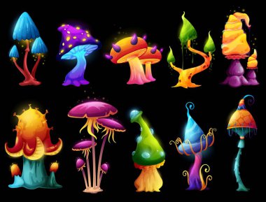 Sihirli ormanda büyüyen ve dikenleri olan peri masalı mantarlar. Vektör mantarları ve floresan mantarları, parlak mistik başlıkları ve neon ışıklı kıvılcımları olan fantastik salgılar.