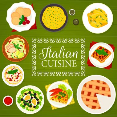 İtalyan mutfak menüsü kapağı. Patates Gnocchi, polenta ve turta Crostata, Chorizo makarna, kurabiyeler Amaretti ve ton balıklı makarna salatası, omlet Frittata, güveç Parmigiana ve Tagliatelle makarna salatası.
