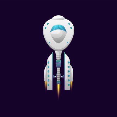Çizgi film yıldızgemisi fütüristik aracı astronotlar karikatür galaksi gemisini izole etti. Vektör kozmik uzay gemisi kâşifi beyaz ve mavi renkler, uçan roket roket iticisi, oyuncak çocuklar, mekik.