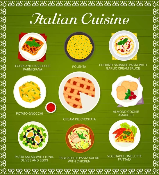 Jídelní Lístek Italské Kuchyně Vaječný Kastrol Parmigiana Polenta Těstoviny Chorizo — Stockový vektor