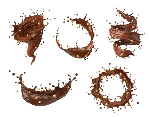 Chocolate Cocoa Coffee Milk Splashes Tornado Swirls Crushed Peanut Isolated — Stock Vector