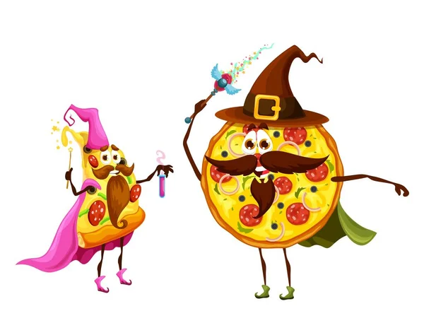 Personnages Magicien Pizza Dessin Animé Humour Complet Pièce Salami Pizza — Image vectorielle