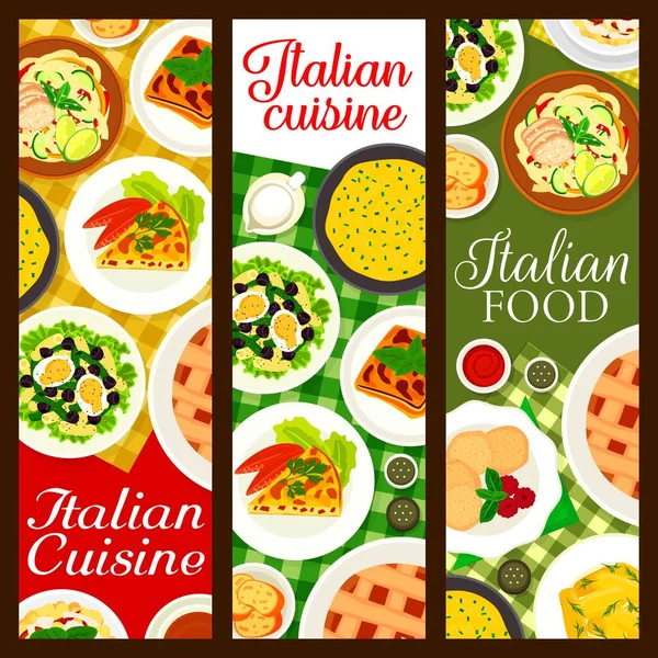 Italian Cuisine Restaurant Banners Eggplant Casserole Parmigiana Pasta Salad Tuna — Stock Vector