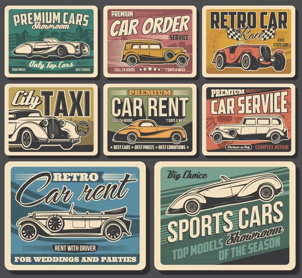 Vintage Vehicle Cars Retro Posters Vector Set Classic Limousine Roadster — Stock vektor