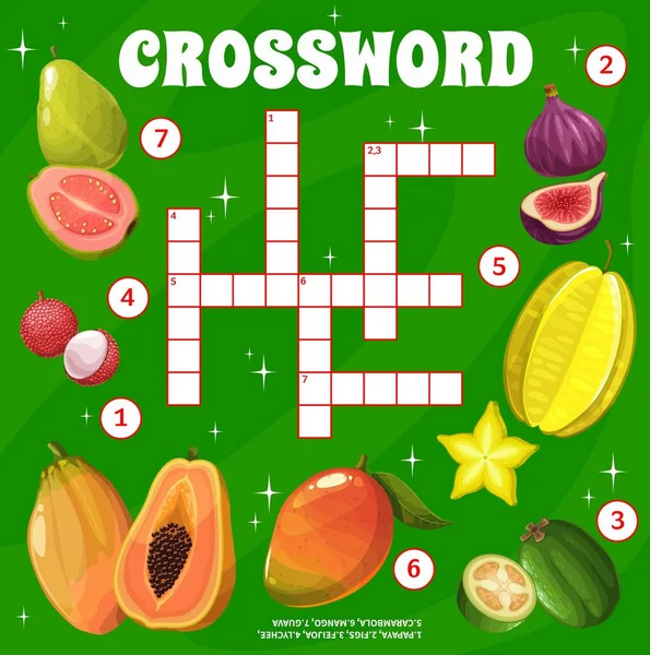 Tropical Raw Fruits Crossword Grid Find Word Quiz Game Cartoon — Stock vektor