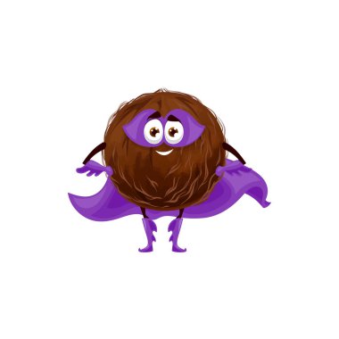 Maskeli ve pelerinli sert kabuklu süper kahraman hindistan cevizi meyvesi çizgi film karakteri. Vektör egzotik yemek kahramanı, kolları ve bacaklarıyla gülümseyen hindistan cevizi. Palmiye ağacı fındığı, neşeli süper kahraman