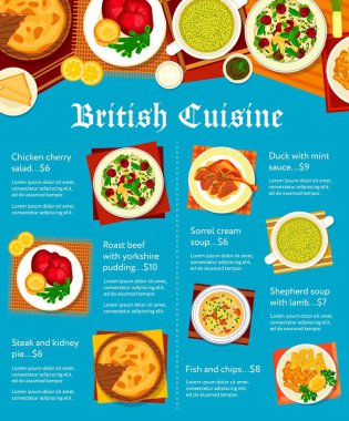 İngiliz mutfağı menüsü. Sorrel kremalı çorba, balık ve patates kızartması ve vişneli tavuk salatası, kuzu etli çoban çorbası, Yorkshire pudingli biftek ve nane soslu ördek, biftek ve böbrekli turta.