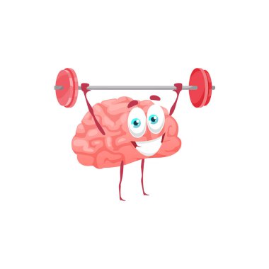 Dambılları kaldıran çizgi film karakteri komik gülümseme ifadelerini izole etti. Vektör hafıza eğitimi, spor halterli yaratıcı beyin maskotu. Spor salonunda, zihinsel sağlıkta, IQ 'da iyi iş çıkarıyorsun.