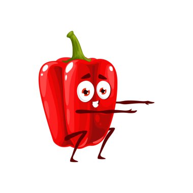 Çizgi film kırmızı biber karakteri, vektör paprika kişiliği çömelmesi. Spor maskotu sağlıklı yaşam tarzı, komik yüz egzersizi yapan sebze, spor salonunda spor yapan bitki.