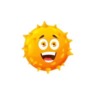 Çizgi film virüsü hücre ikonu, komik bakteri ya da gülen yüzlü mikrop karakteri. Büyük, geniş gözleri olan patojen mikrop canavarı, keskin mızraklı, izole edilmiş koronavirüs sarı hücresi.