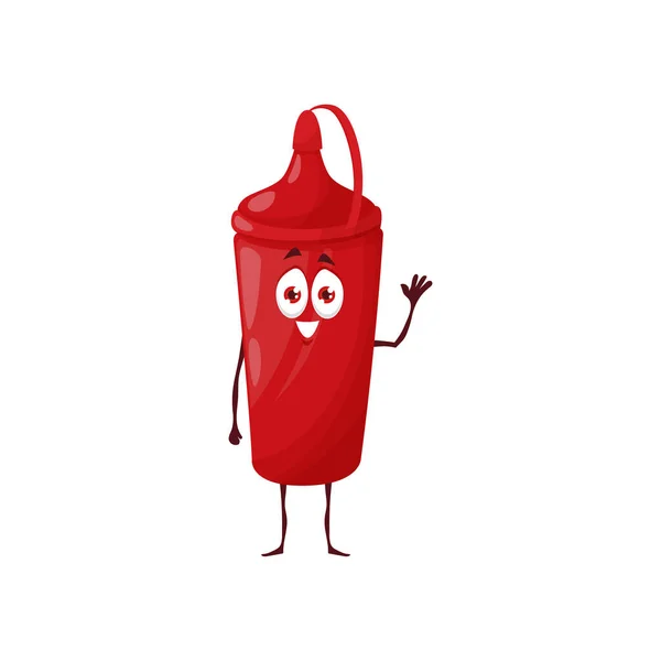 Cartoon Red Ketchup Bottle Character Funny Vector Spicy Condiment Mascot — Stockvektor