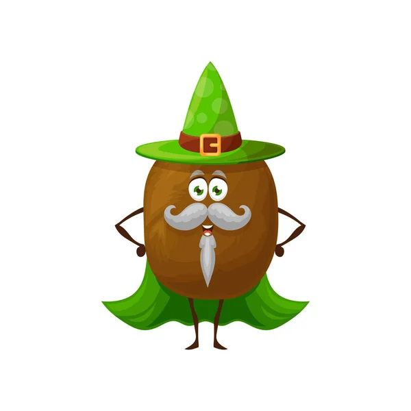 Cartoon Kiwi Fruit Wizard Magician Character Funny Vector Sorcerer Magic — Vetor de Stock