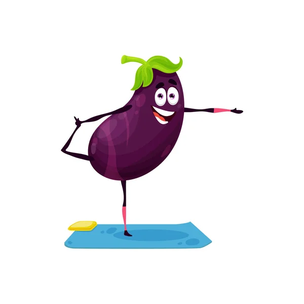 Eggplant Cartoon Character Yoga Pilates Stretching Isolated Funny Smiling Vegetable —  Vetores de Stock