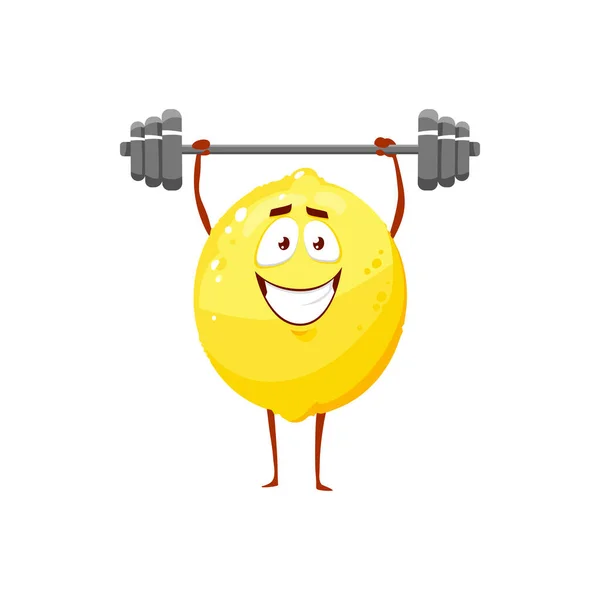 卡通柠檬运动与杠铃 水果运动员矢量图标 有趣的人物运动与重量隔离的白色背景 健康食品 体育生活方式 有机营养标志 — 图库矢量图片