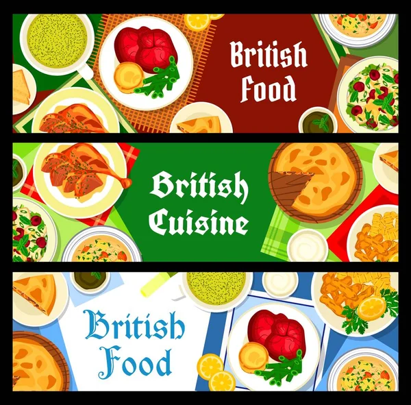 Banderas Cocina Británica Sopa Crema Acedera Pescado Con Papas Fritas — Vector de stock