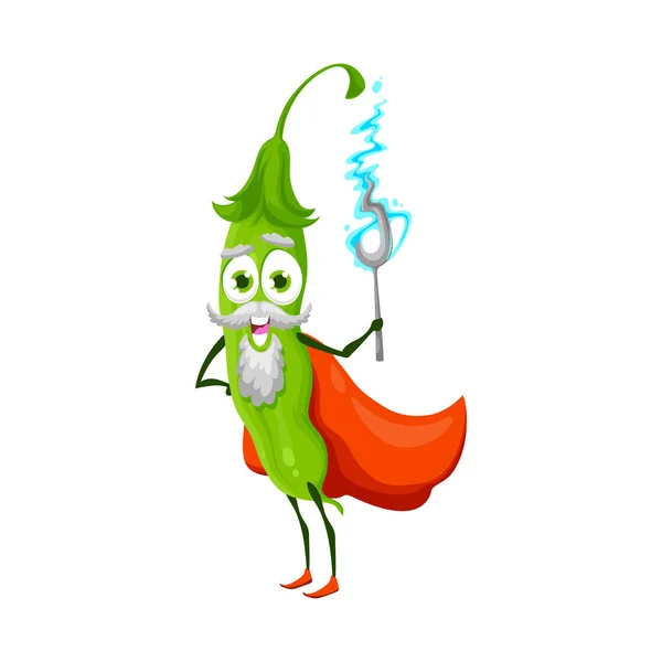 岬隔離された漫画のキャラクターで魔法の杖を持つ緑の唐辛子の野菜ウィザード 髭や顔に口ひげを生やしたベクトルかわいい野菜 子供たちは食べ物を農場 笑顔の感情の妖精の魔術師 — ストックベクタ