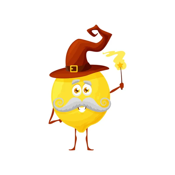 Cartoon Ripe Lemon Fruit Wizard Magician Character Funny Vector Sorcerer — Image vectorielle