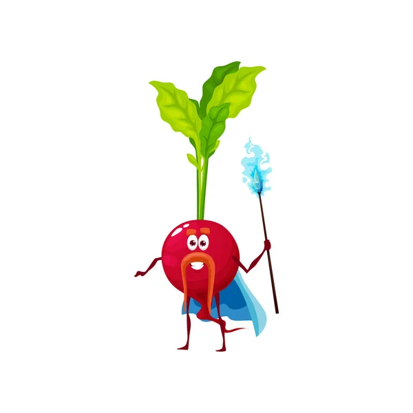 Cartoon Radish Vegetable Magician Character Funny Vector Wizard Magic Staff — Stock Vector