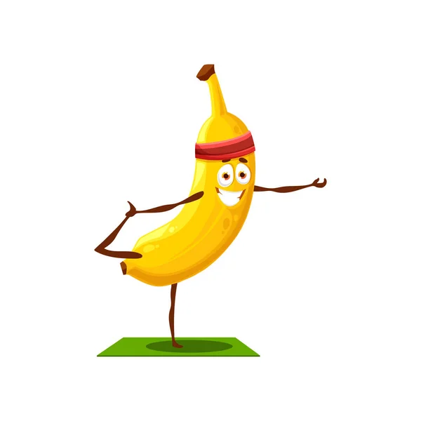 香蕉在运动带中分离出奇异的黄色水果 头顶上做着伸展在垫子上的健康枕头 热带病媒食品 素食甜点积极锻炼 卡通人物的业余爱好健康生活方式 — 图库矢量图片
