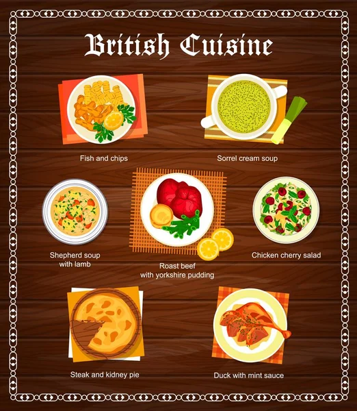 British Cuisine Menu Sorrel Cream Soup Fish Chips Steak Kidney — Vettoriale Stock