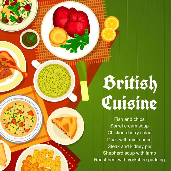 British Cuisine Menu Cover Duck Mint Sauce Chicken Cherry Salad — Stock Vector