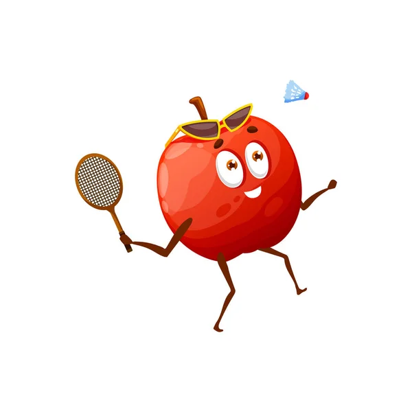 Cartoon Apple Playing Tennis Rocket Sport Equipment Isolated Happy Character — Image vectorielle