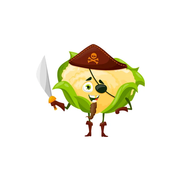 Cauliflower Cabbage Cartoon Character Corsair Hat Eye Patch Sword Hands — Stock vektor