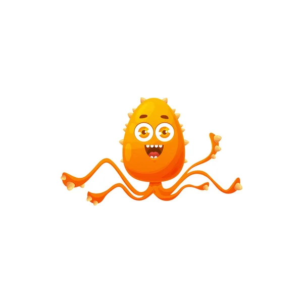漫画ウイルス細胞ベクトルのアイコン 長い触手を持つかわいいスパイクオレンジの細菌 面白い顔を持つ幸せな生殖文字 微笑み病原体微生物の感情 単離された微生物のシンボル — ストックベクタ