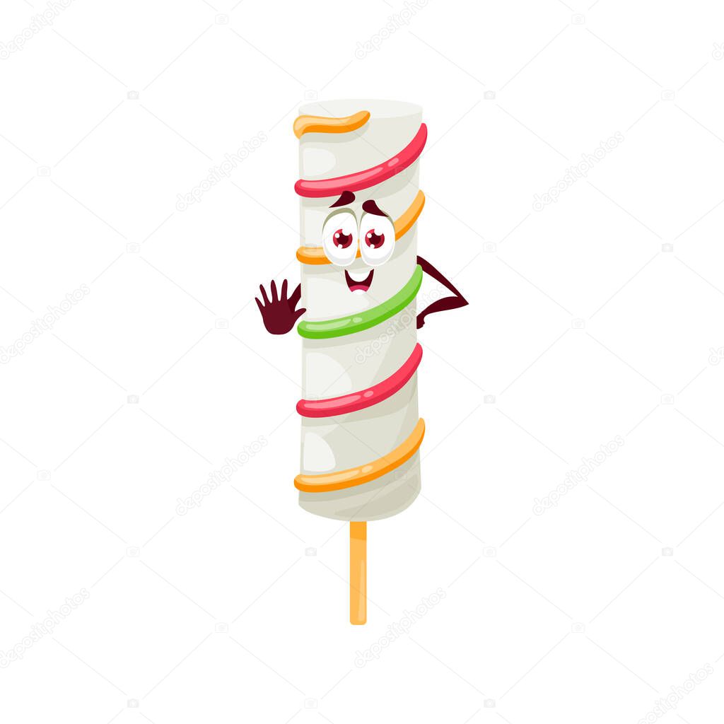 Ice cream on stick with caramelized fruity glaze isolated funny cartoon character. Vector emoticon cold fast food snack waving hand. Fruit ice-cream on wooden stick, lolly homemade sundae, iced yogurt