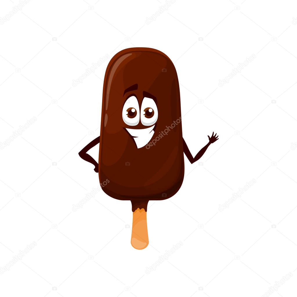 Happy emoji, sweet eskimo chocolate glaze ice cream isolated funny cartoon character. Vector emoticon summer dessert, fast food snack glazed in chocolate. Kawaii eskimo, ice-cream bar on stick