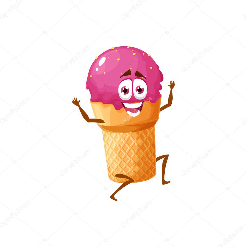 Kawaii strawberry ice cream scoop in waffle cone isolated funny cartoon character. Vector emoticon cherry ice sundae ball in wafer, cold refreshing summer dessert. Gelato icecream sweet fastfood snack